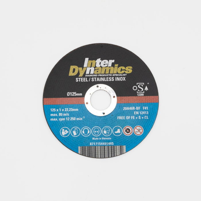 InterDynamics doorslijpschijf 125x1mm, 22.23mm Inox 10st in blik