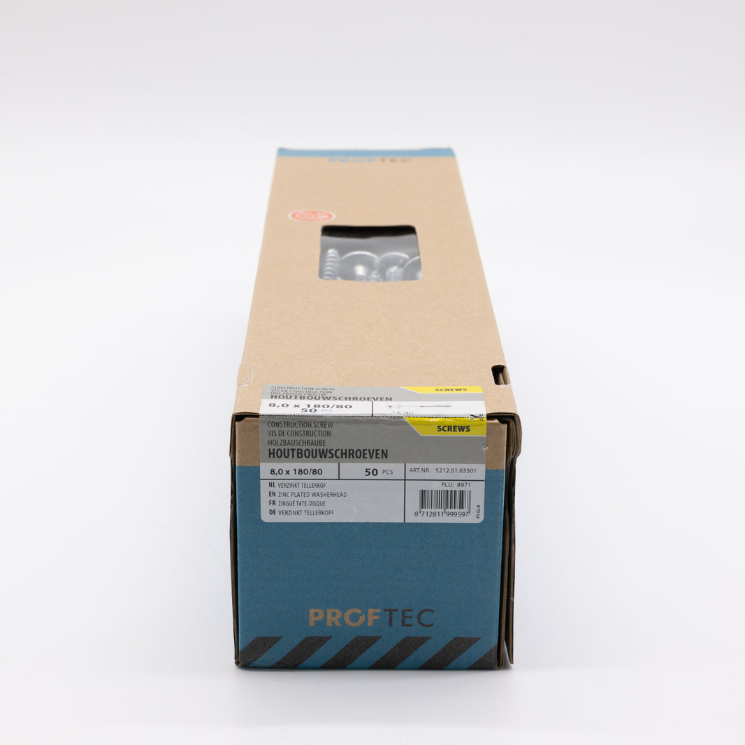 Proftec 8.0x180/80mm TORX houtbouwschroef verzinkt 50st