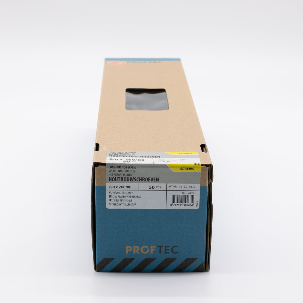 Proftec 8.0x260/80mm TORX houtbouwschroef verzinkt 50st